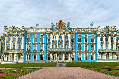 Catherine Palace is a Rococo palace located in the town of Tsarskoye Selo (Pushkin), 30 km south of St. Petersburg, Russia
