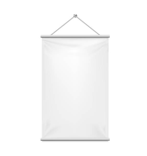 ilustrações de stock, clip art, desenhos animados e ícones de empty textile banner mockup. vector 3d realistic. white template hanging on a rope. rectangular vertical blank for branding and advertising isolated on white.awning, textiles, pvc, vinyl, banner.eps10 - artists canvas