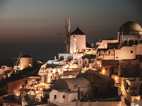Beautiful famous view of the white town and windmills
