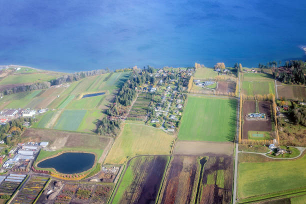 Aerial view of Saanich Peninsula Farmland Aerial view of Saanich Peninsula farmland saanich peninsula photos stock pictures, royalty-free photos & images