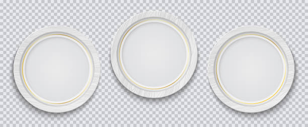 istock Three realistic circle white photo frame with golden line isolated on transparent background. Vector illustration. 1291975792