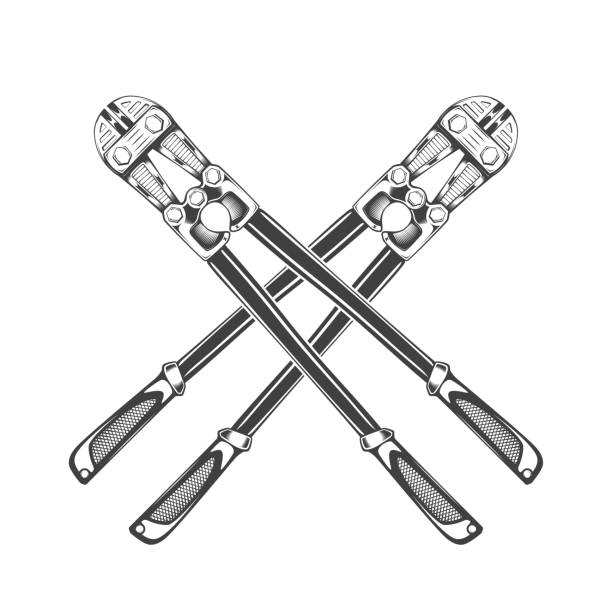 Vintage monochrome crossed bolt cutter illustration. Isolated vector template Vintage monochrome crossed bolt cutter illustration. Isolated vector template EPS 10 bolt cutter stock illustrations