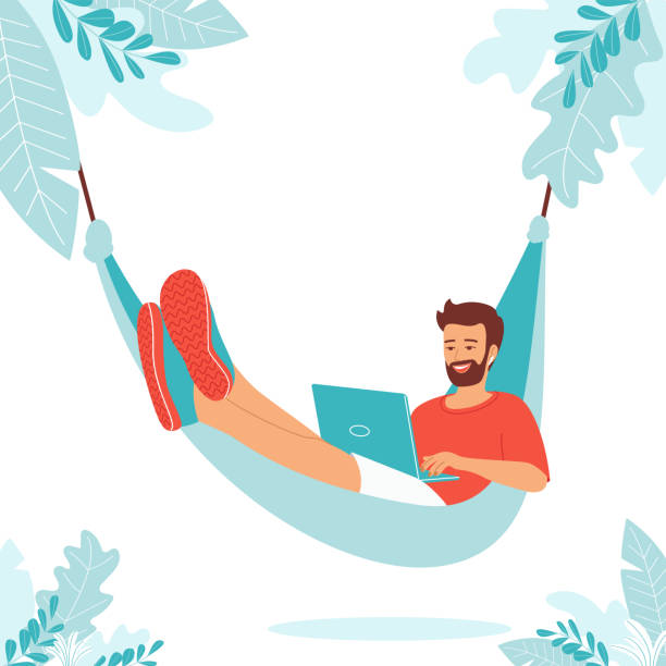 Young man lies in a hammock with a laptop. Remote employee, freelancer, online student, teacher, e-learning. Template with copy space. Vector illustration Young man lies in a hammock with a laptop. Remote employee, freelancer, online student, teacher, e-learning. Template with copy space. Isolated vector illustration hammock stock illustrations