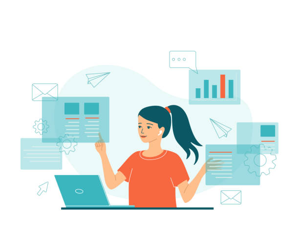 A young woman multitasking. Abstract concept of active work, deadline, information search on the internet. Office content manager, freelancer worker. Vector illustration A young woman multitasking. Abstract concept of active work, deadline, information search on the internet. Office content manager, freelancer worker. Isolated vector illustration finance clipart stock illustrations