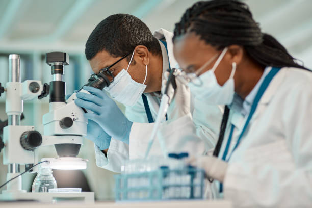 Testing new theories Shot of a young scientist using a microscope while working alongside a colleague in a lab biochemist photos stock pictures, royalty-free photos & images