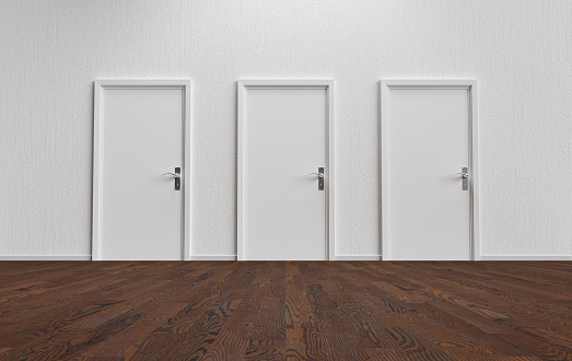 Empty room with white wall three closed door and wooden floor 3D-Illustration