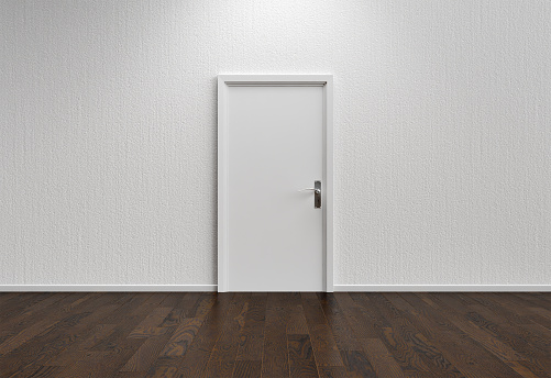 Empty room with white wall closed door and wooden floor 3D-Illustration