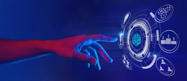 gamification and gaming technology illustration in neon style, hand touching dice icon, horizontal banner stock photo