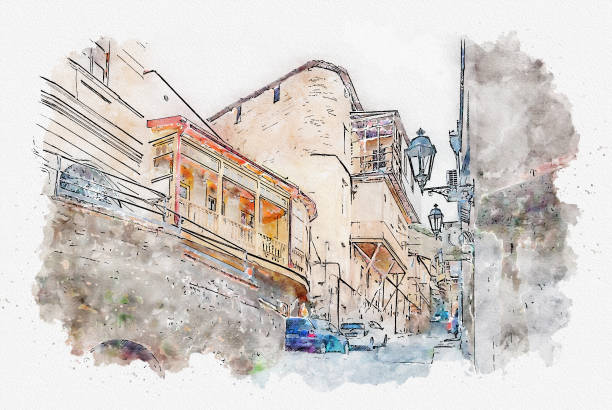 Watercolor sketch or illustration of a beautiful view of the traditional European urban architecture in Tbilisi. Capital of Georgia stock photo