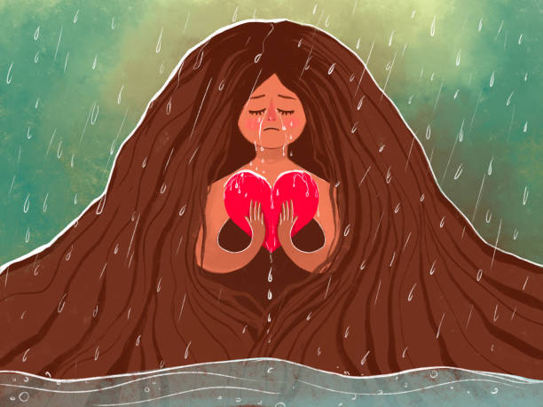 illustration eines mädchens in tränen und mit einem unglücklichen herzen. liebesleiden, tränen, verzweiflung, zusammenbruch von beziehungen. regen als symbol des weinens - lesen regen stock-grafiken, -clipart, -cartoons und -symbole