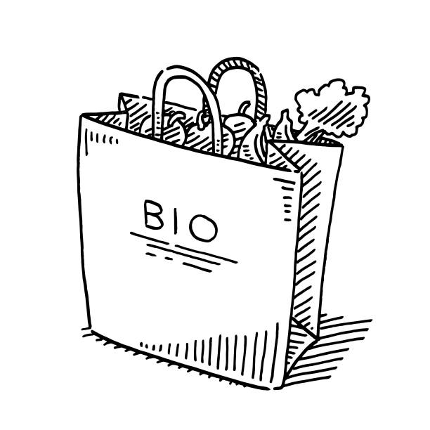 Bio Fruit And Vegetables Paper Bag Drawing Hand-drawn vector drawing of a Paper Bag with a Bio text label containing Fruit And Vegetables. Black-and-White sketch on a transparent background (.eps-file). Included files are EPS (v10) and Hi-Res JPG. shopping bag illustrations stock illustrations