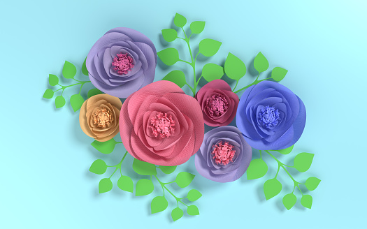 Colorful cloth rose flowers against blue background representing love and valentine's day. Easy to crop for all your social media and print needs. Valentines day, party, birthday, love and romance concepts.