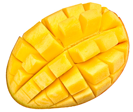 fresh sliced mango isolated on white background. exotic fruit.
