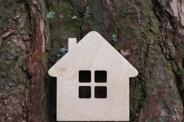 Photo of toy wooden house on a background of tree bark. The concept is buying a house on a loan or mortgage, safe and affordable housing. My home is my castle. safety