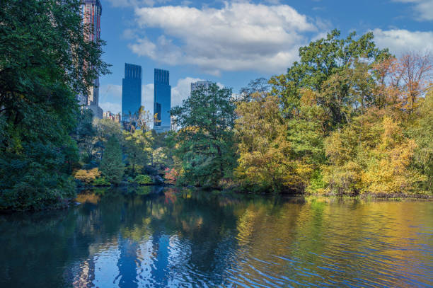 Central Park in Autumn Colors (Foliage), Lake and Time Warner Center Towers, Manhattan, New York. Central Park in Autumn Colors (Foliage), Lake and Time Warner Center Towers, Manhattan, New York. Canon EOS 6D (full frame sensor). Polarizing filter. HDR image. time warner center columbus circle pictures stock pictures, royalty-free photos & images