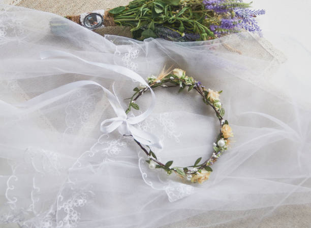 istock wedding wreath on table with lavender bridal bouquet 1291997213