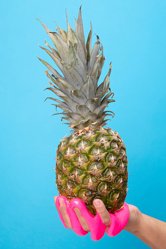 Female Hand Holding Sliced Pineapple on blue pop art paper background.fruit abstract  on paper  background.