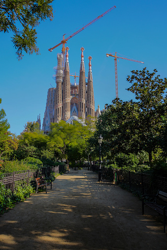 Barcelona, Spain.Desember 14, 2017.Redemptive Temple of the Holy Family Sagrada by Gaudi at sunny day, shut from a short distance.Colorful