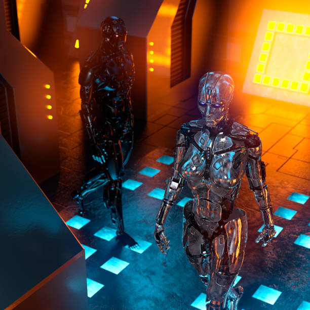 istock Two metallic cyborgs in a futuristic room 1292000461