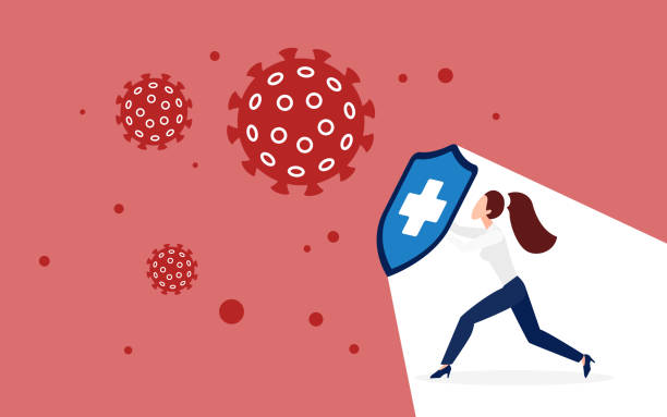 ilustrações de stock, clip art, desenhos animados e ícones de coronavirus quarantine protection, fight concept with shield - anti bacteria