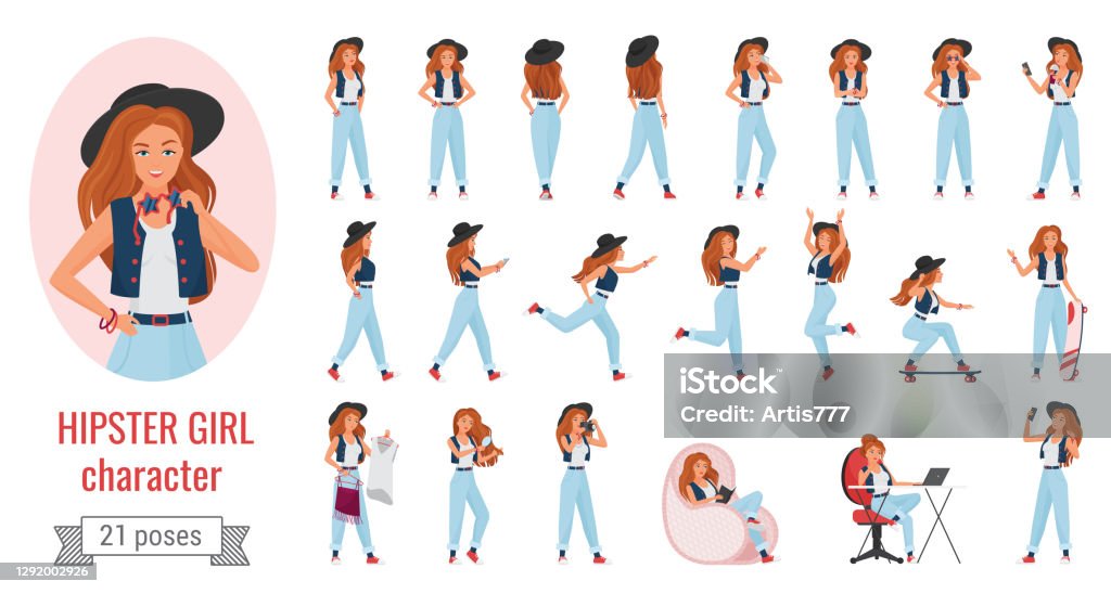 Hipster Girl Poses Set With Cartoon Pretty Female Character Stock  Illustration - Download Image Now - iStock