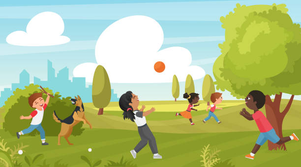 Kid play in summer park, outdoor sport activity in childhood Kids play in summer park vector illustration. Cartoon child training pet dog, children have fun, running and playing with ball on green grass field, outdoor sport activity in childhood background play day stock illustrations