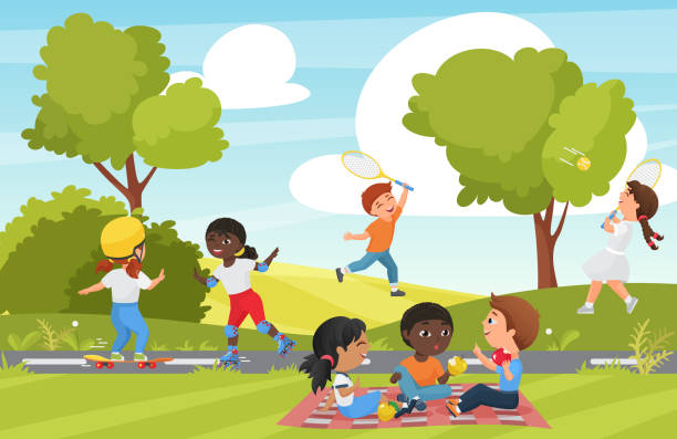 мультфильм дети играют в летний парк или сад пейзаж - child playground small toy stock illustrations