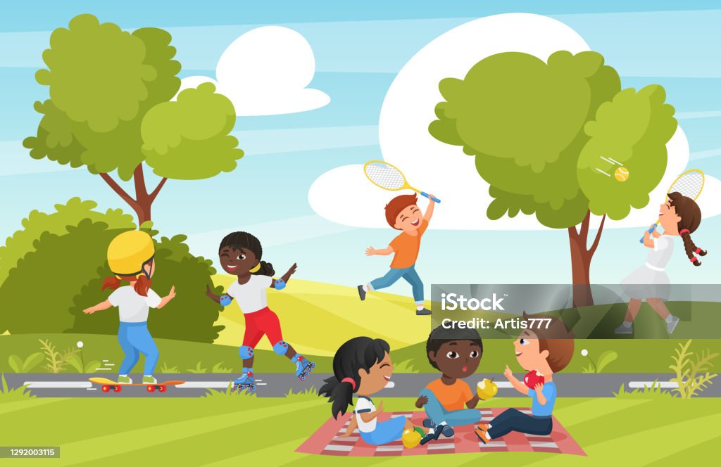 Cartoon Children Play In Summer Park Or Garden Landscape Stock Illustration  - Download Image Now - iStock