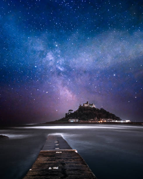 St. Michaels Mount by Night, Penzance, Cornwall, UK. Long Exposure taken from Marazion at 3am. marazion photos stock pictures, royalty-free photos & images