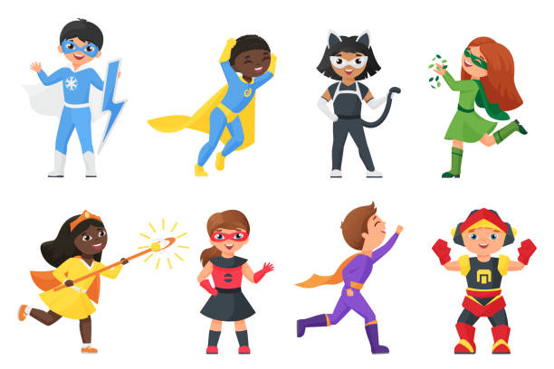 ilustrações, clipart, desenhos animados e ícones de super herói infantil definido, crianças em trajes coloridos para festa - young animal characters clothing coat