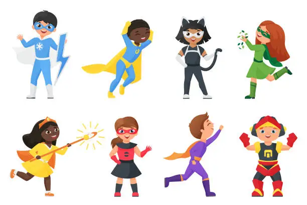 Vector illustration of Super hero kids set, children in colorful costumes for party