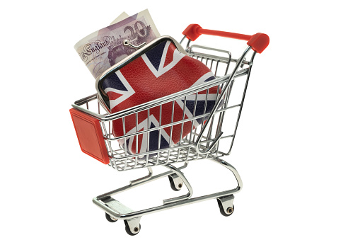 A shopping cart with a UK flag printed change purse containing a banknote - white background