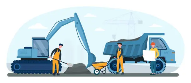 Vector illustration of Male workers in yellow overalls remove soil with shovel and wheelbarrow.