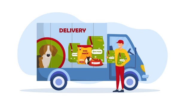 ilustraciones, imágenes clip art, dibujos animados e iconos de stock de mensajero macho sonriente entregando comida para perros - van dog pets delivery van