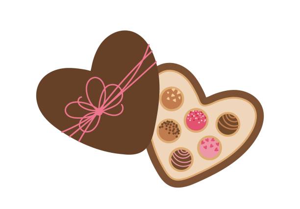 illustrazioni stock, clip art, cartoni animati e icone di tendenza di scatola a forma di cuore aperto con cioccolatini e fiocco a nastro rosa. - chocolate candy chocolate valentines day box