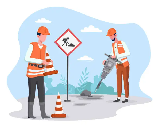 Vector illustration of Two male road workers repairing asphalt