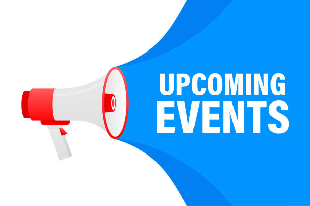 Upcoming events megaphone blue banner in 3D style on white background. Vector illustration. Upcoming events megaphone blue banner in 3D style on white background. Vector illustration upcoming events stock illustrations