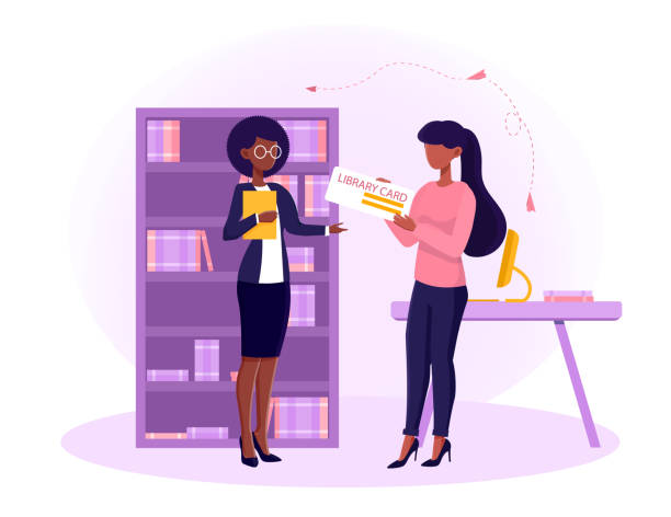 ilustraciones, imágenes clip art, dibujos animados e iconos de stock de bibliotecaria femenina dando a la mujer una tarjeta de la biblioteca - librarian
