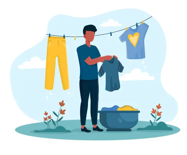 Vector illustration of Man hanging wet clean clothes on rope.