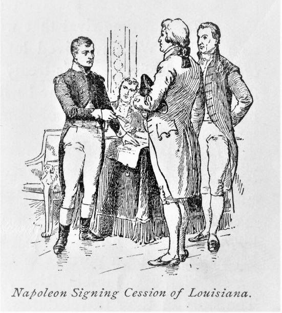 Napoleon Bonaparte Sells the Louisiana Purchase Napoleon Bonaparte signs the Louisiana Purchase agreement with United States diplomats Robert Livingston and James Monroe on May 2, 1803, in Paris, France. The United States government paid 15 million dollars for the vast Western Territory. Illustration published in The New Eclectic History of the United States by M. E. Thalheimer (American Book Company; New York, Cincinnati, and Chicago) in 1881 and 1890. Copyright expired; artwork is in Public Domain. treaty stock illustrations