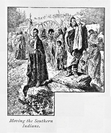 U.S President James Monroe recommends to Congress in 1825 removal of Native Americans to territory west of the Mississippi. The relocations occur under the next two presidents. Illustration published in The New Eclectic History of the United States by M. E. Thalheimer (American Book Company; New York, Cincinnati, and Chicago) in 1881 and 1890. Copyright expired; artwork is in Public Domain.