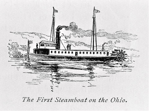 Steamboat, invented by Robert Fulton, sailing on the Ohio River. Illustration published in The New Eclectic History of the United States by M. E. Thalheimer (American Book Company; New York, Cincinnati, and Chicago) in 1881 and 1890. Copyright expired; artwork is in Public Domain.