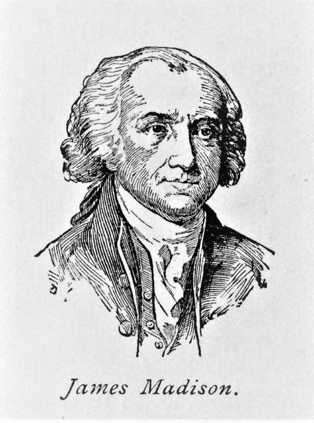 James Madison Portrait, 4th President of the United States, Founding Father Portrait of James Madison Jr., 4th president and Founding Father of the United States, wrote the Federalist Papers with Alexander Hamilton and John Jay. He is considered the “Father of the Constitution.” Madison was born March 16, 1751, and died June 28, 1836, in Virginia. Illustration published in The New Eclectic History of the United States by M. E. Thalheimer (American Book Company; New York, Cincinnati, and Chicago) in 1881 and 1890. Copyright expired; artwork is in Public Domain. christine kohler stock illustrations