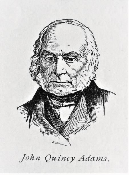 John Quincy Adams Portrait, 6th President of the United States A portrait of John Quincy Adams, 6th President of the United States. He previously served as US Secretary of State. Adams was born July 11, 1767, in Massachusetts, and died February 23, 1848, in Washington DC. Illustration published in The New Eclectic History of the United States by M. E. Thalheimer (American Book Company; New York, Cincinnati, and Chicago) in 1881 and 1890. Copyright expired; artwork is in Public Domain. christine kohler stock illustrations