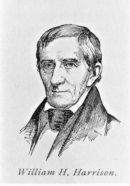 William Harrison Portrait, 9th President of the United States A portrait of William Henry Harrison, 9th president of the United States for one month in 1841. He was the first president to die in office and the shortest-serving U.S. president in history. Harrison was born February 9, 1773, in Virginia, and died April 4, 1841, at the White House in Washington DC. Illustration published in The New Eclectic History of the United States by M. E. Thalheimer (American Book Company; New York, Cincinnati, and Chicago) in 1881 and 1890. Copyright expired; artwork is in Public Domain. william henry harrison us president stock illustrations