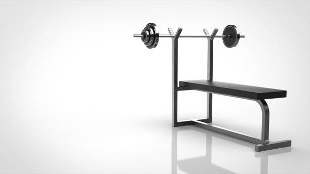 バーベルとベンチ右白3dレンダリング - weight bench ストックフォトと画像