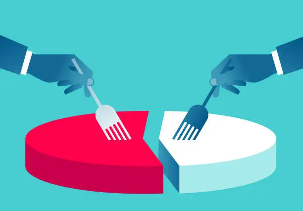 Vector illustration of Two hands holding fork to split pie chart, concept of business profit