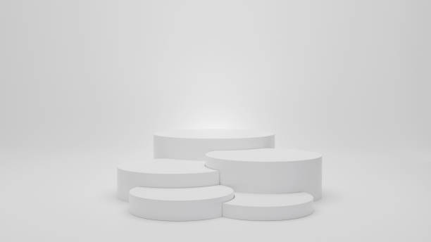 istock Five blank cylinder podiums on white grey background with reflections and shadows 3D rendering for products design items display 1292032436