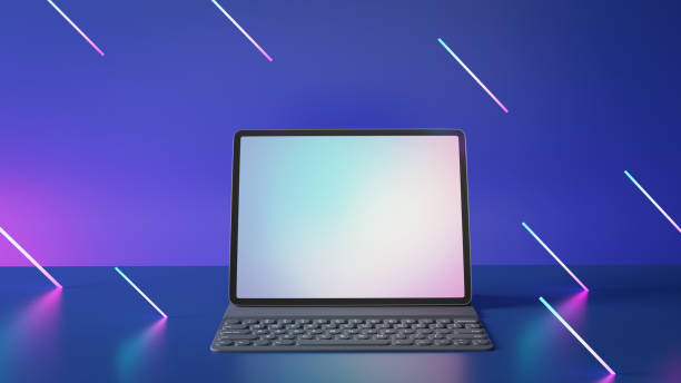 istock Big screen tablet with keyboard blank screen placed on blue background and light line effect. 3D Illustration image. 1292032467