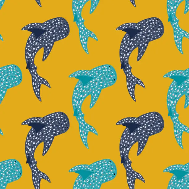 Vector illustration of Bright contrast seamless animal pattern with blue and navy whale shark shapes. Yellow background.